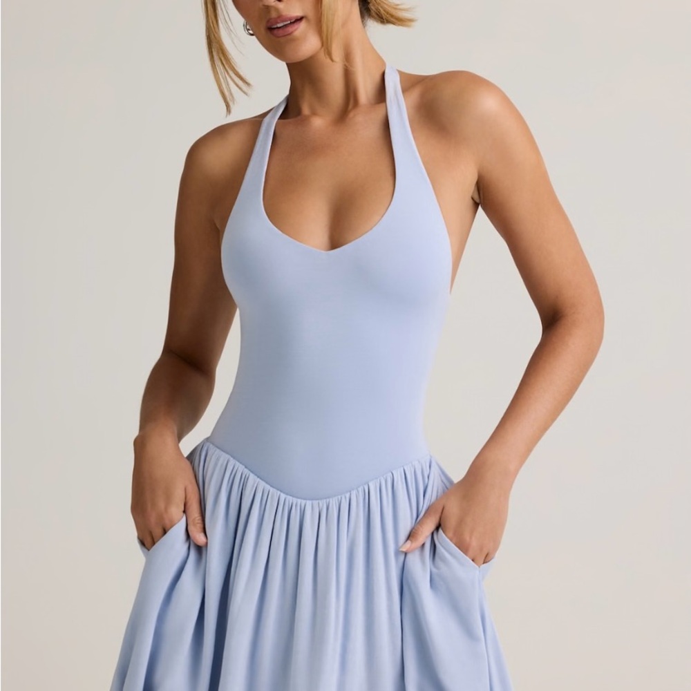 Modal Backless Halterneck Mini Dress in Light Blue
